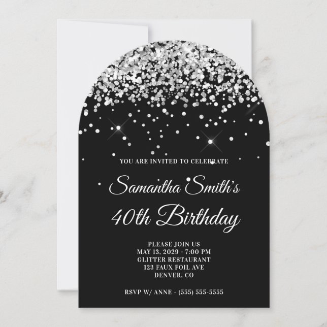 Silver Glitzer Black Foto 40. Geburtstag Einladung (Vorderseite)