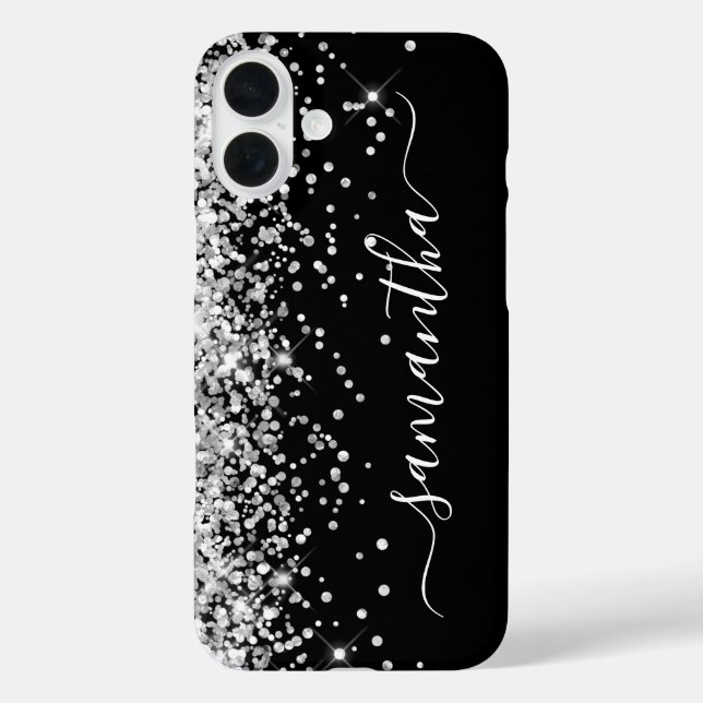 Silver Glitzer Black Girly Signature iPhone 16 Plus Hülle (Rückseite)