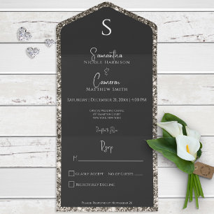 Silver Glitzer & Black Glam Modernes No Dinner All In One Einladung