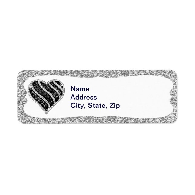 Silver Glitzer Black Heart Address Labels (Vorne)