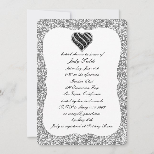 Silver Glitzer Black Heart Brautparty laden Einladung (Vorderseite)