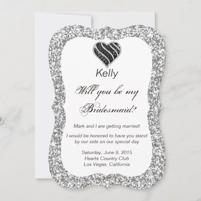 Silver Glitzer Black Heart Bridesmaid Card Einladung (Vorderseite)