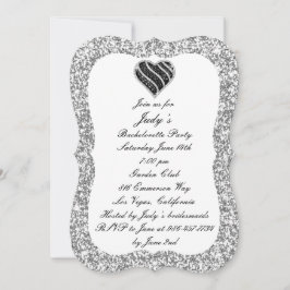 Silver Glitzer Black Heart Junggeselinnen-Abschied Einladung