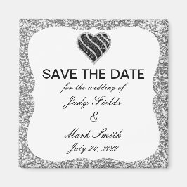 Silver Glitzer Black Heart Save the Date Magnet