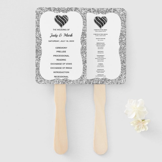 Silver Glitzer Black Heart Wedding Program Fans Fächer (Vorne und Hinten)