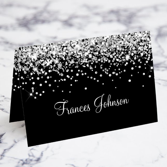 Silver Glitzer Black Individual Name Platzkarten Tischnummer (Silver Glitter Black Individual Name Place Cards)