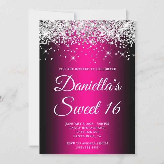 Silver Glitzer Black Magenta Ombre Sweet 16 Einladung (Vorderseite)