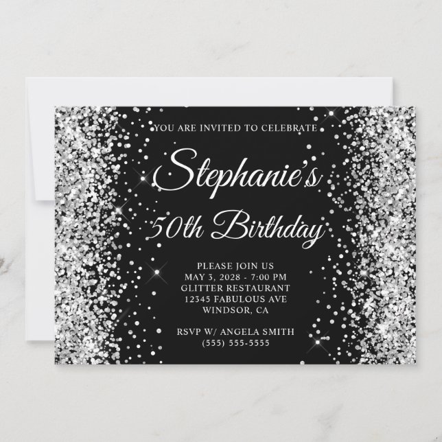 Silver Glitzer Black Monogram 50. Geburtstag Einladung (Vorderseite)