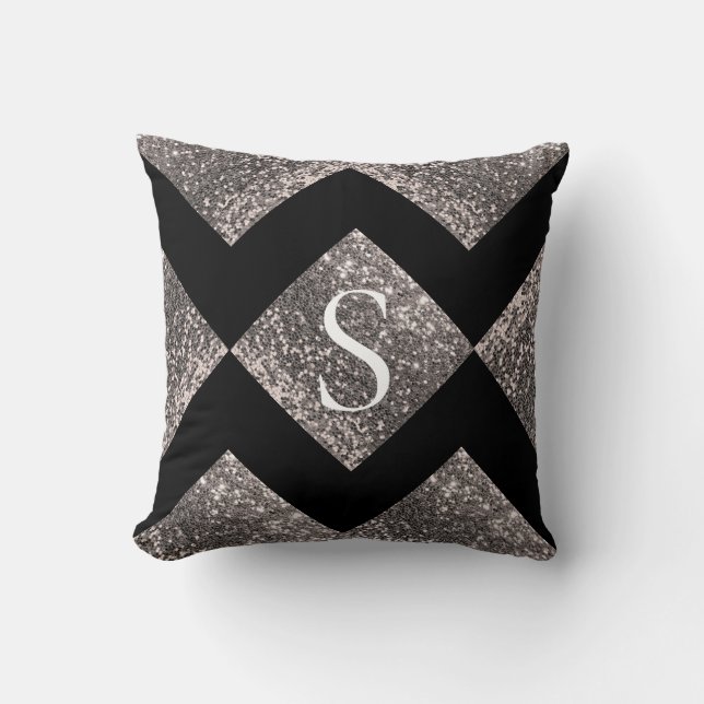 Silver Glitzer Black Monogram Bling Chic Kissen (Vorderseite)