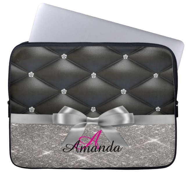 Silver Glitzer Black Monogram Electronics Bag Laptopschutzhülle (Vorderseite)