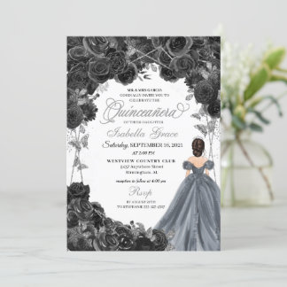 Silver Glitzer Black Rose Spanisch Quinceañera Einladung