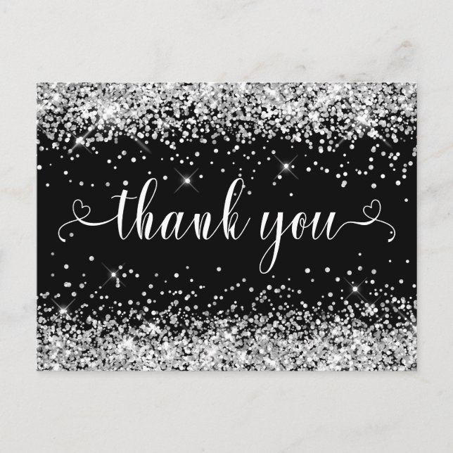 Silver Glitzer Black Sweet 16 Herzen Vielen Dank Postkarte (Vorderseite)