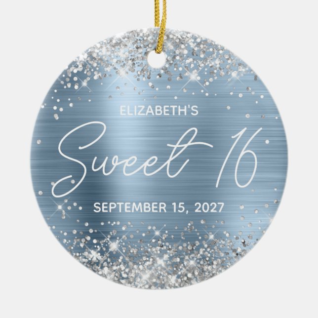 Silver Glitzer Blassblau Extravagant Sweet 16 Foto Keramik Ornament (Vorne)