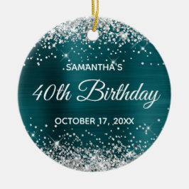 Silver Glitzer Blue Aquamarin Foil 40. Geburtstag Keramik Ornament
