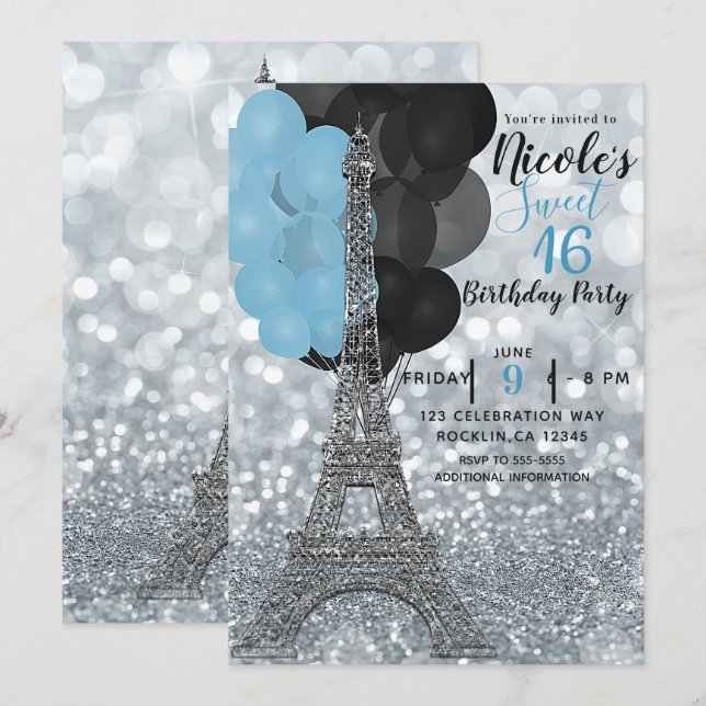 Silver Glitzer Blue Balloons Paris Eiffel Tower Einladung (Vorne/Hinten)