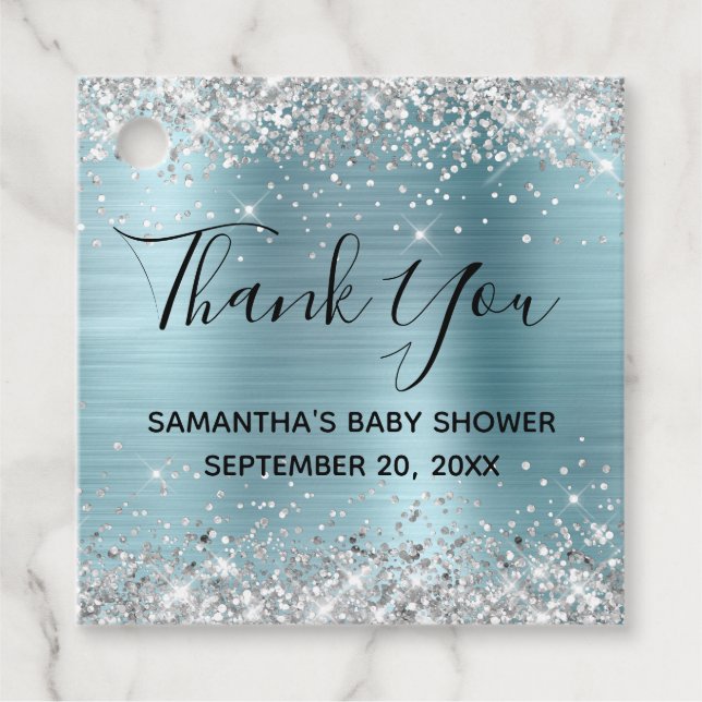 Silver Glitzer Blue Foil Baby Dusche Vielen Dank Geschenkanhänger (Vorderseite)