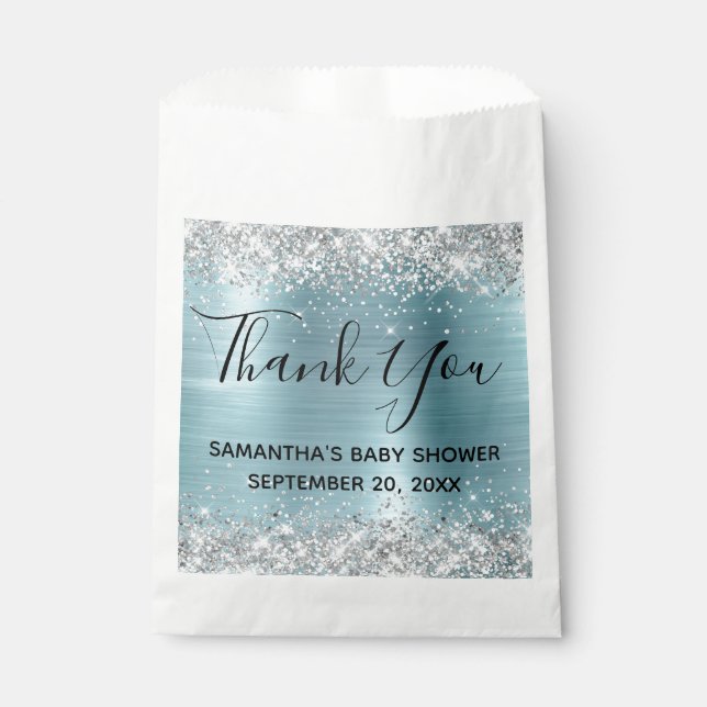Silver Glitzer Blue Foil Baby Dusche Vielen Dank Geschenktütchen (Vorderseite)