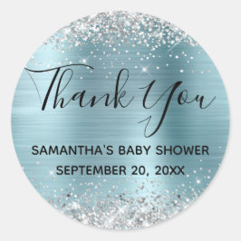 Silver Glitzer Blue Foil Baby Dusche Vielen Dank Runder Aufkleber