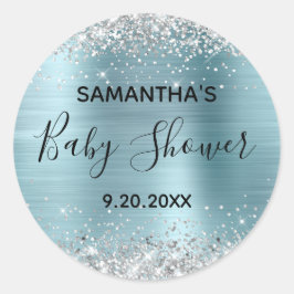 Silver Glitzer Blue Foil Babydusche Runder Aufkleber