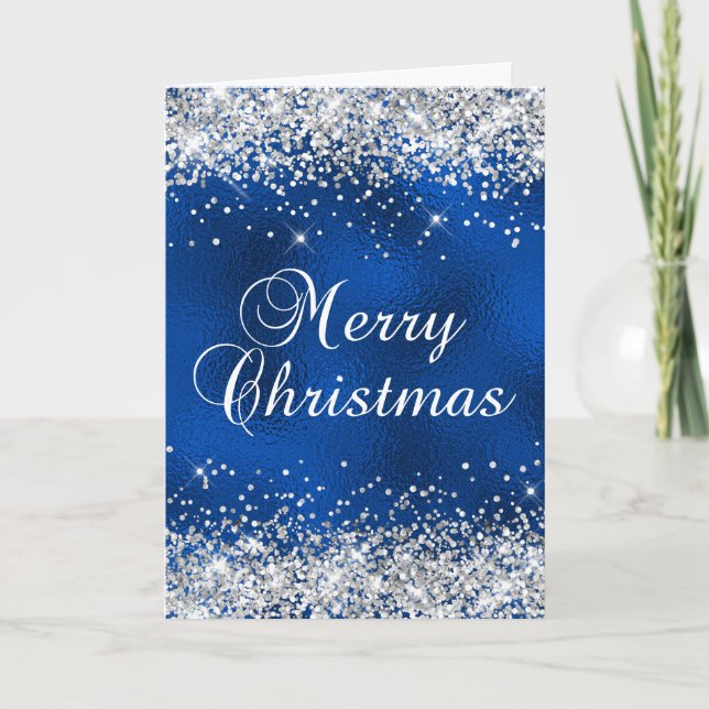 Silver Glitzer Blue Glass Foil Frohe Weihnachten Karte (Vorderseite)