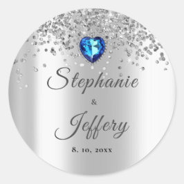 Silver Glitzer Blue Heart Sparkle Wedding Runder Aufkleber