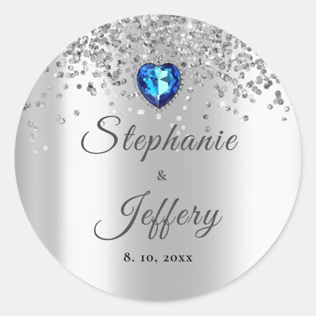 Silver Glitzer Blue Heart Sparkle Wedding Runder Aufkleber (Vorderseite)