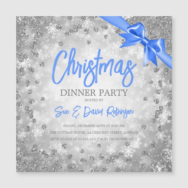 Silver Glitzer Blue Ribbon Weihnachten Einladung (Vorderseite)