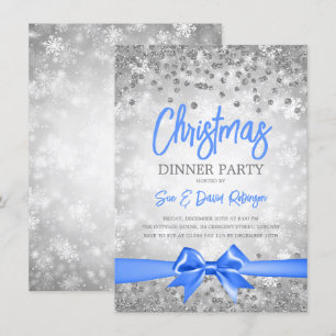 Silver Glitzer Blue Ribbon Weihnachtsfeiertag Einladung