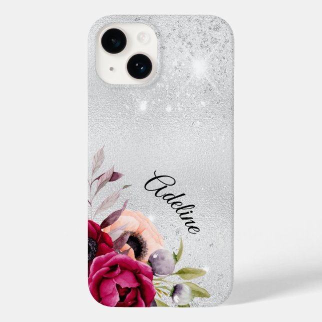 Silver Glitzer Blume burgundname Case-Mate iPhone 14 Hülle (Rückseite)