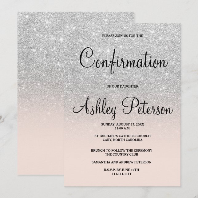 Silver Glitzer Blush Pink ombre chische Bestätigun Einladung (Vorne/Hinten)