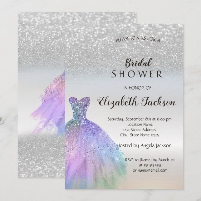 Silver Glitzer Bokeh, Chic Dress Brautparty Einladung (Vorne/Hinten)