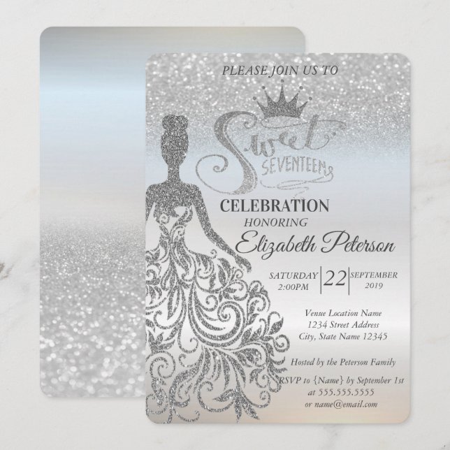 Silver Glitzer Bokeh Ombre, Dress, Tiara, Sweet 17 Einladung (Vorne/Hinten)