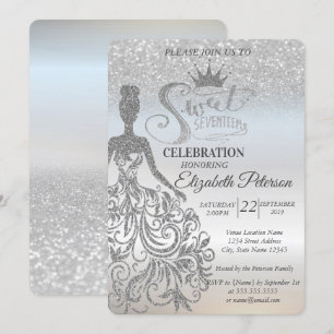 Silver Glitzer Bokeh Ombre, Dress, Tiara, Sweet 17 Einladung