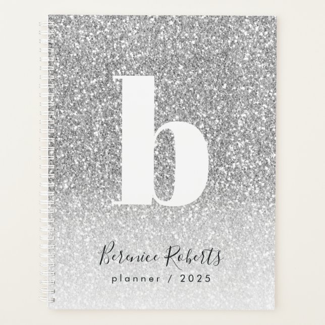 Silver Glitzer Bold Typografy Monogram Annual Planer (Vorderseite)