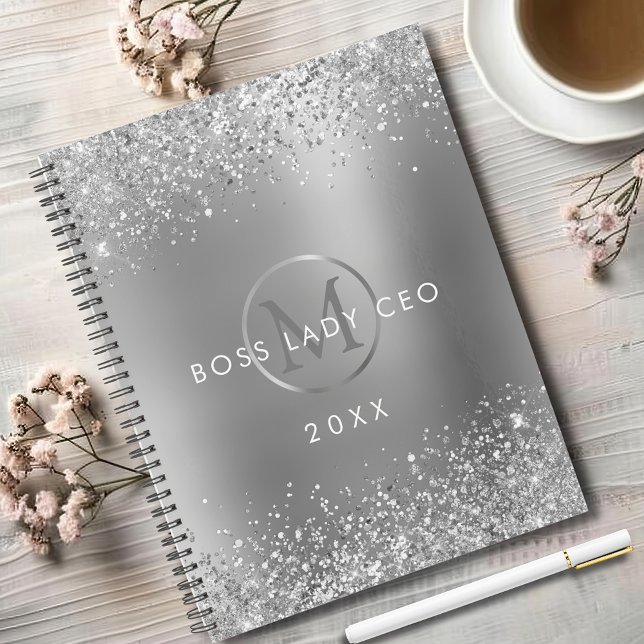 Silver Glitzer Boss Lady CEO Monogram Planer (Sparkly Silver Glitter Boss Lady CEO Metallic Silver Monogram Annual Planner)