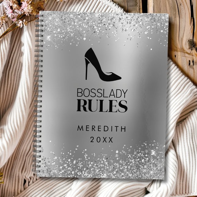 Silver Glitzer Boss Lady Stiletto Logo Planer (Sparkly Silver Glitter Boss Lady Rules Stiletto Logo Personalized Planner)