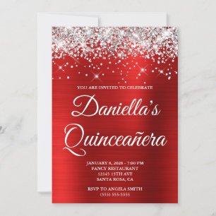 Silver Glitzer Bright Red Foil Quinceañera Einladung
