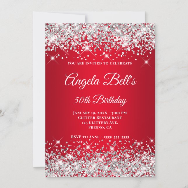 Silver Glitzer Bright Red Ombre Extravagant Monogr Einladung (Vorderseite)