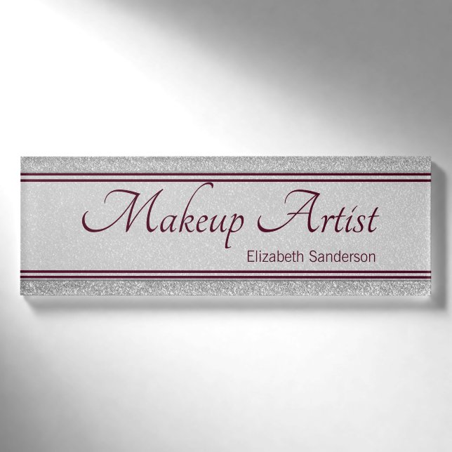Silver Glitzer Burgund Personalisiert Makeup Künst Namenschild (Vorderseite)
