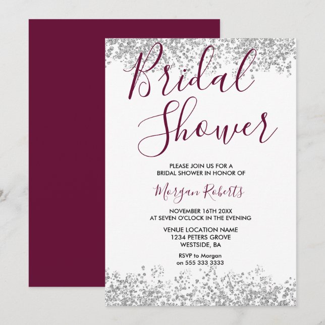 Silver Glitzer Burgundy Bridal Dusche Einladung (Vorne/Hinten)