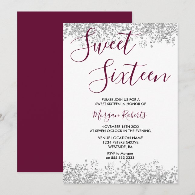 Silver Glitzer Burgundy Sweet 16 Party Einladung (Vorne/Hinten)