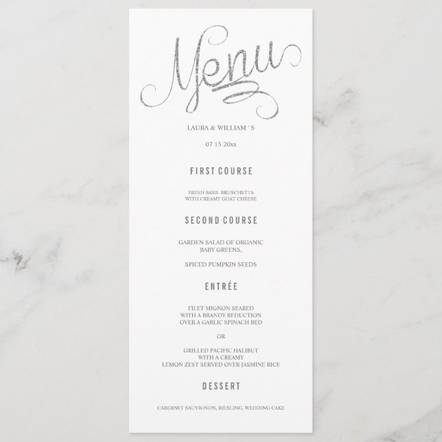 Silver Glitzer Calligraphy Wedding Menu Cards Menükarte (Vorderseite)