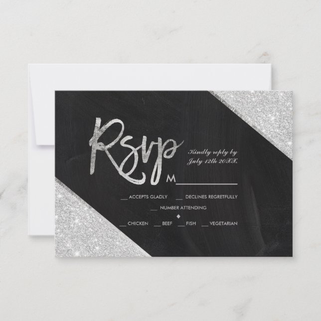 Silver Glitzer chalkboard Skript Hochzeit Rsvp Karte (Vorderseite)