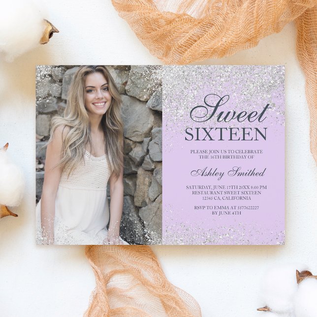 Silver Glitzer Chic Lavendel Foto Sweet 16 Einladung (Von Creator hochgeladen)