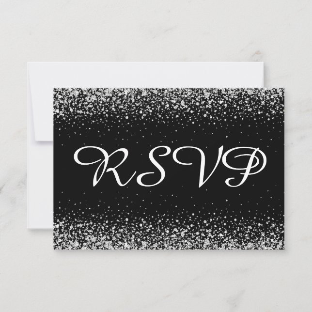 Silver Glitzer Confetti auf Pure Black RSVP Karte (Vorderseite)
