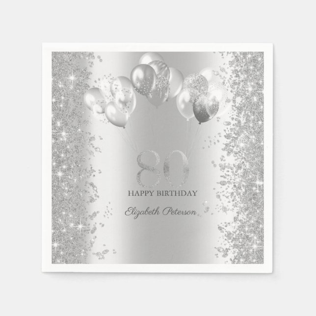 Silver Glitzer Confetti Balloons 80. Geburtstag Serviette (Vorderseite)