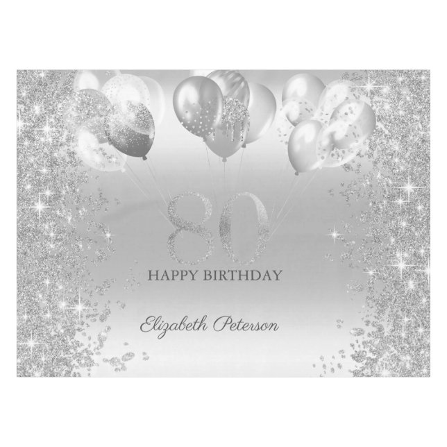 Silver Glitzer Confetti Balloons 80. Geburtstag Tischdecke (Vorderseite (Horizontal))
