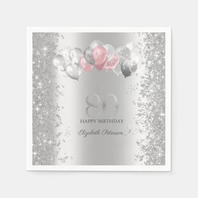 Silver Glitzer Confetti Pink Balloons 80. Serviette (Vorderseite)