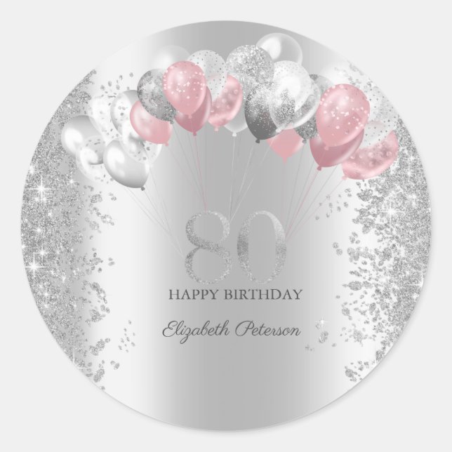 Silver Glitzer Confetti Pink Silver Balloons 80. Runder Aufkleber (Vorderseite)