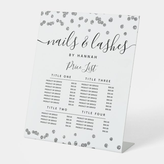 Silver Glitzer Confetti Salon Price Menü Sockelschild (Vorderseite)